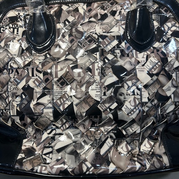 Galian Handbag Satchel Purse Magazine Collage Black Patent Leather Trim - Picture 4 of 8